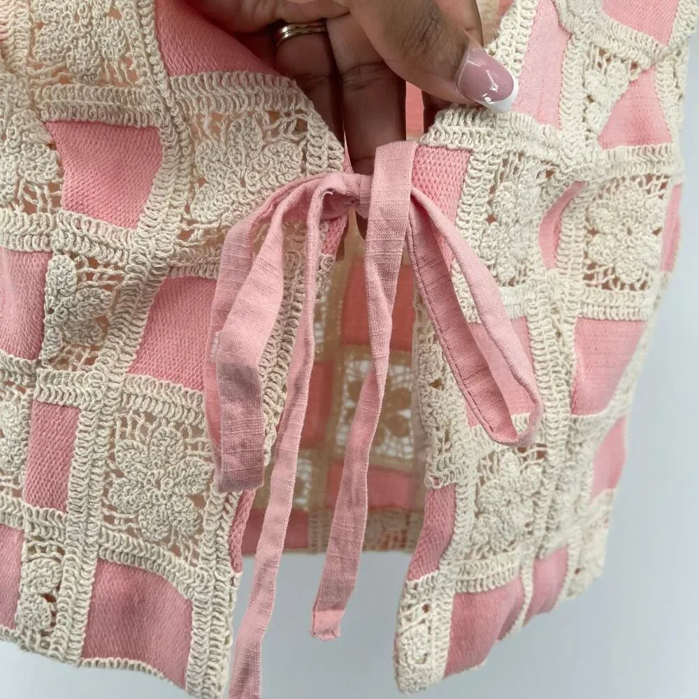 Emory Park Crochet Lace Tie Front Vest Small Pink Boho Festival Cottagecore - Picture 8 of 12